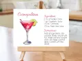 Przepis na drinka Cosmopolitan: ilustracja koktajlu z limonką i wiśnią, składniki i instrukcje.