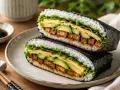 Pyszny onigirazu z tofu, awokado i jajkiem, zawinięty w nori. Idealny lunch!