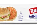 Opakowanie bułek do mini burgerów Roberto z sezamem, z widocznymi dwoma przykładowymi bułeczkami.