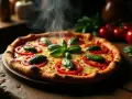 Gorąca pizza capriciosa z pomidorami i bazylią, parująca na drewnianym blacie.