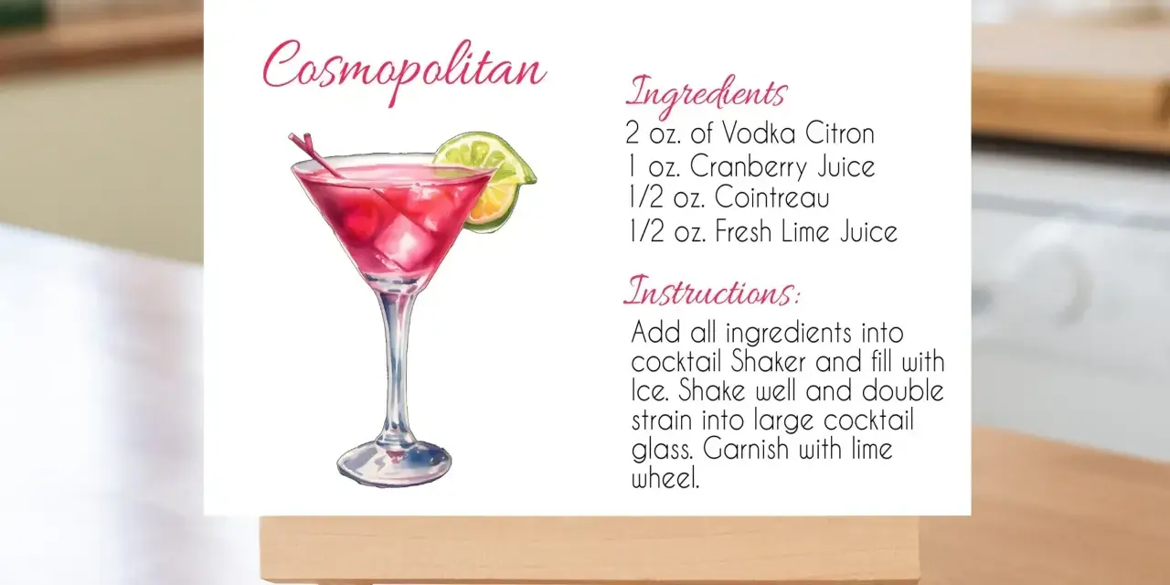 Przepis na drinka Cosmopolitan: ilustracja koktajlu z limonką i wiśnią, składniki i instrukcje.