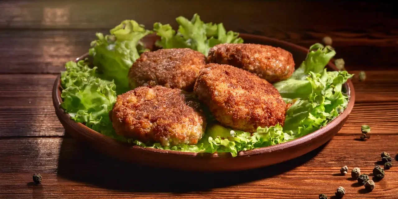 Cztery apetyczne kotlety mielone z airfryer, podane na liściach sałaty. Idealne na szybki obiad.