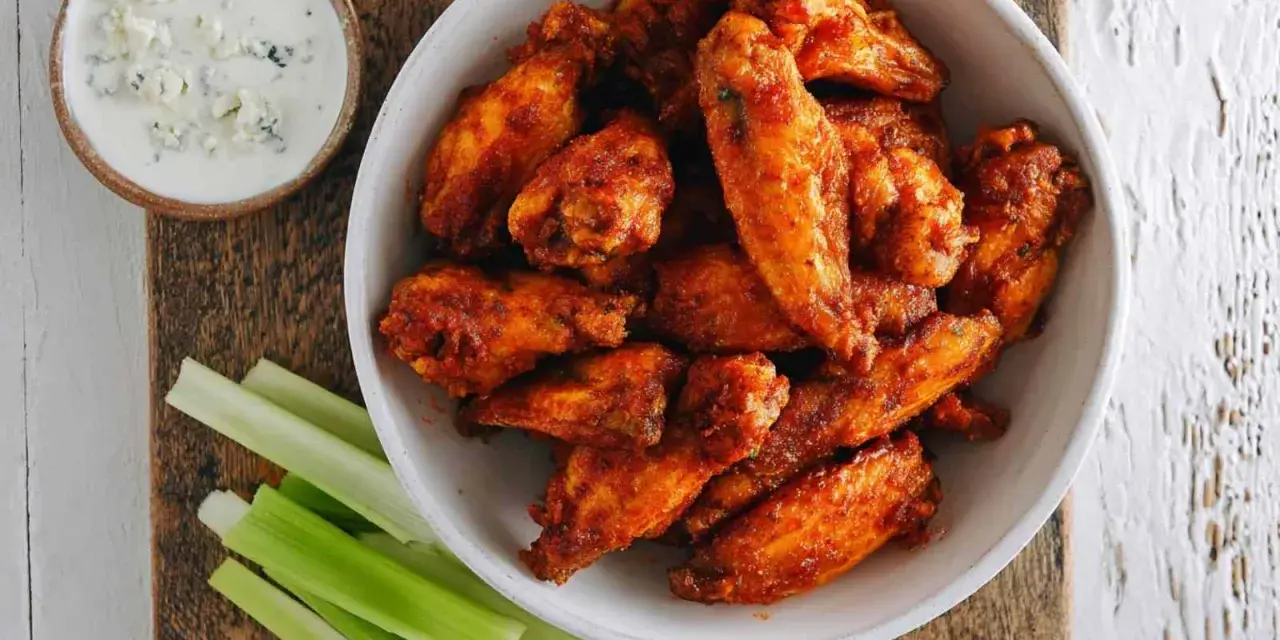 Chrupiące skrzydełka z airfryer w misce, obok sosu serowego i łodyg selera. Idealna przekąska!