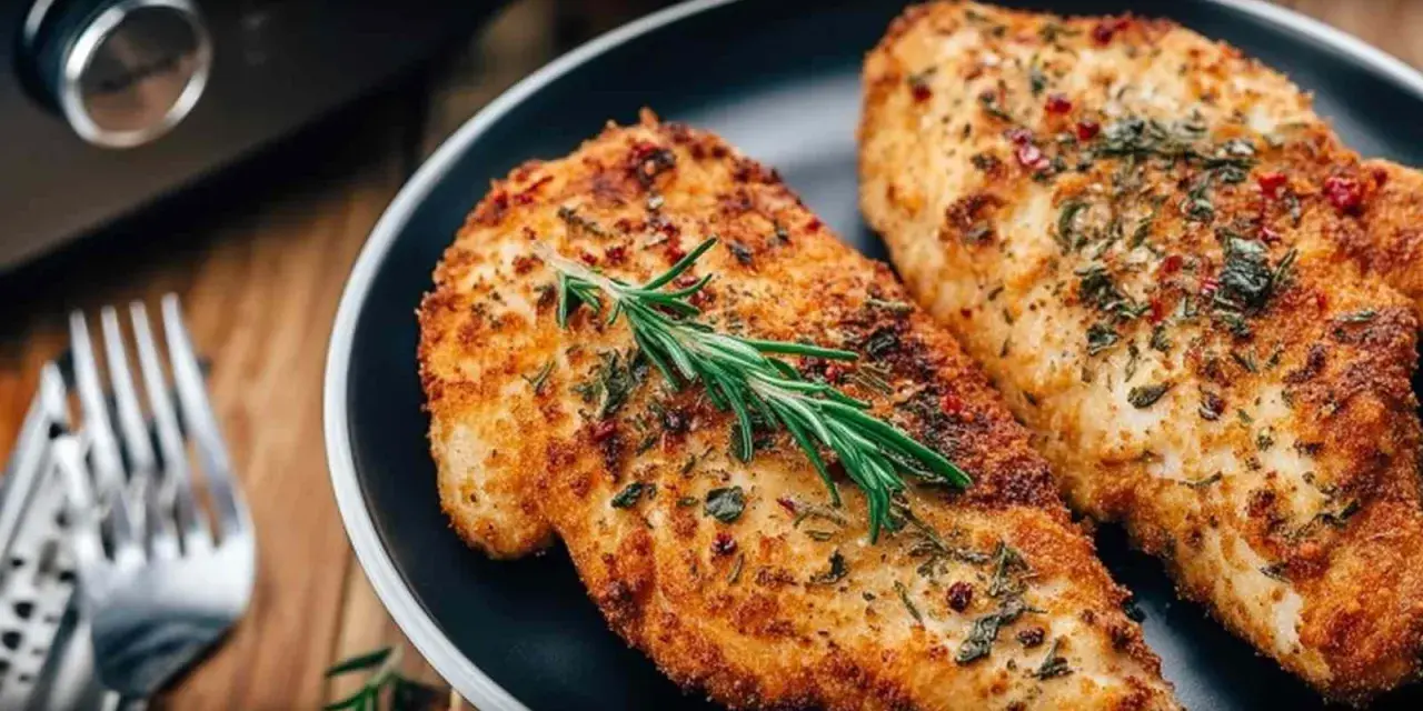 Dwa soczyste filety z kurczaka z airfryer, przyprawione ziołami i podane z gałązką rozmarynu.