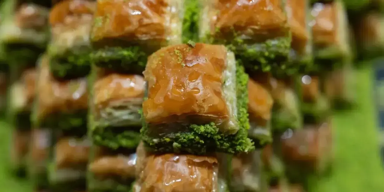Słodka baklava, co to jest? Warstwy ciasta filo, orzechów i syropu, posypane zielonymi pistacjami. Pyszny deser!