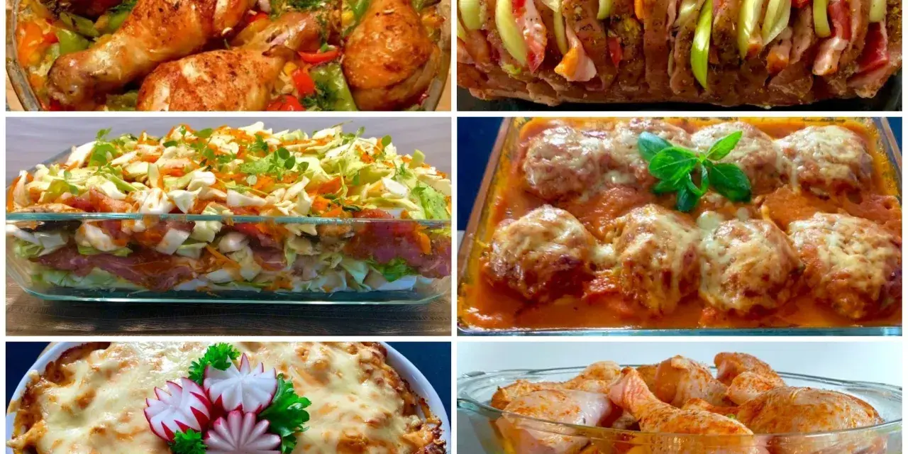 Sześć potraw, które stworzą efektowna kolacja dla znajomych: pieczony kurczak, zapiekanka warstwowa, faszerowana pieczeń, klopsiki w sosie, zapiekanka z serem i kurczak z warzywami.