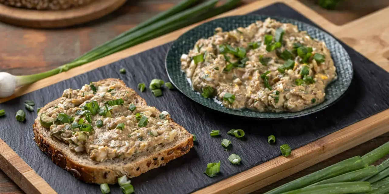 Pyszna pasta z tuńczykiem i jajkiem na ciemnym chlebie, posypana szczypiorkiem. Obok talerz z pastą i świeże warzywa.