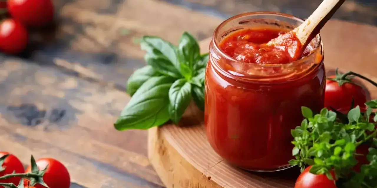 Słoik domowego sosu pomidorowego z bazylią i pomidorkami koktajlowymi. Idealny do pizzy, makaronu, a nawet jako dodatek do pieczonych mięs. Pyszny sos cebulowy w tle.