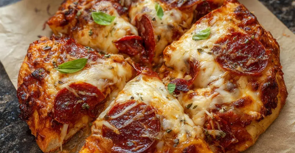 Pyszna pizza z pepperoni, z ciągnącym się serem i świeżą bazylią, przygotowana w air fryerze.