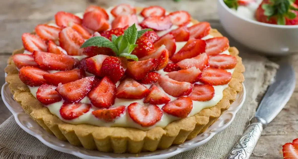 Tarta z truskawkami i kremem, ozdobiona listkami mięty.