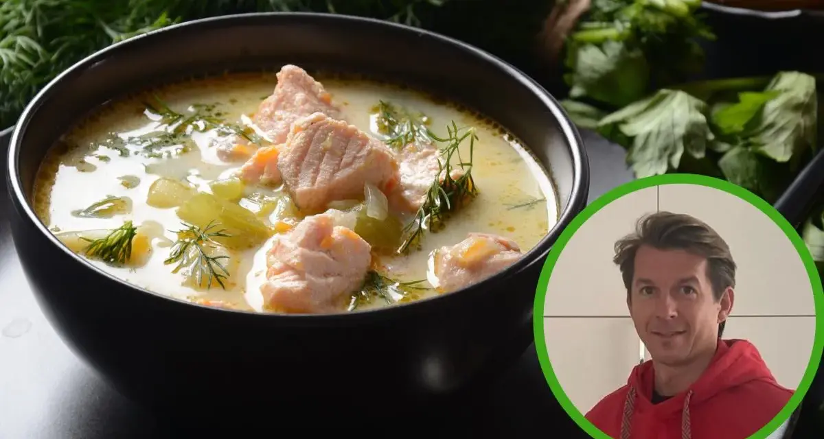 Zupa rybna z łososiem i warzywami, inspirowana przepisem Okrasy. Aromatyczna, kremowa i pełna smaku.