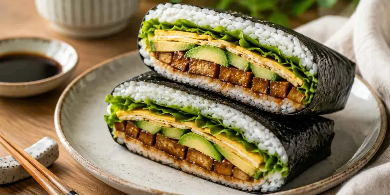 Pyszny onigirazu z tofu, awokado i jajkiem, zawinięty w nori. Idealny lunch!