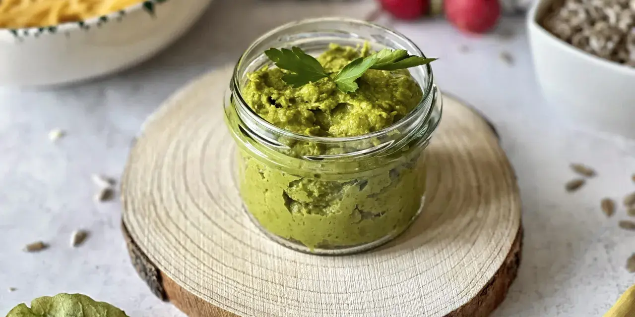 Pesto z liści rzodkiewki w słoiczku, ozdobione natką pietruszki, na drewnianym krążku. Obok czosnek, rzodkiewki i nasiona.