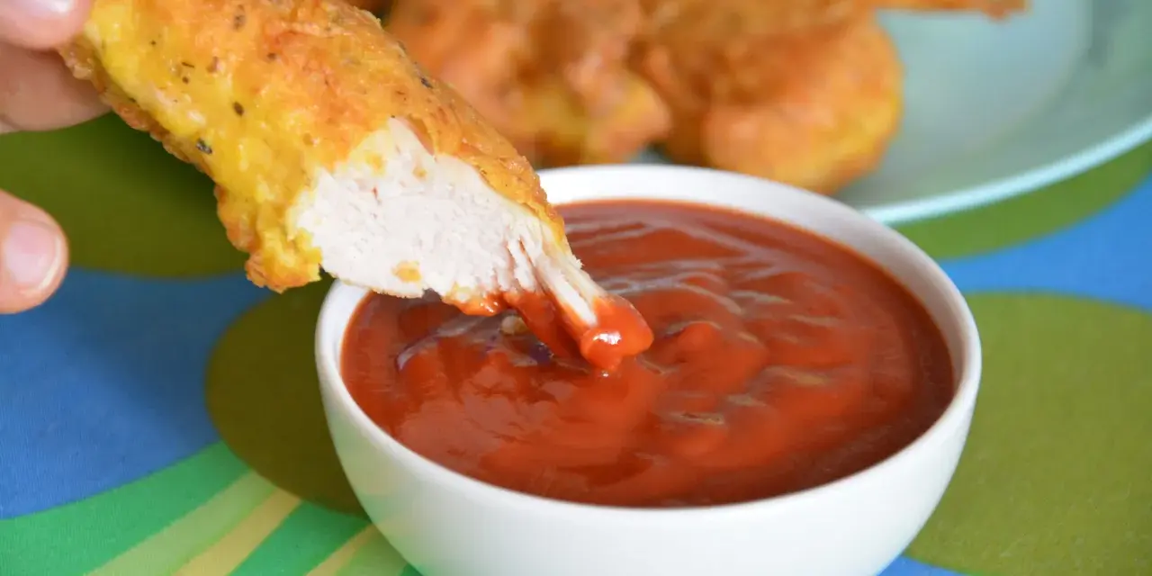 Chrupiący nugget zanurzany w gęstym, czerwonym sosie do nuggetsów. Na talerzu w tle widać więcej złotych kawałków kurczaka.