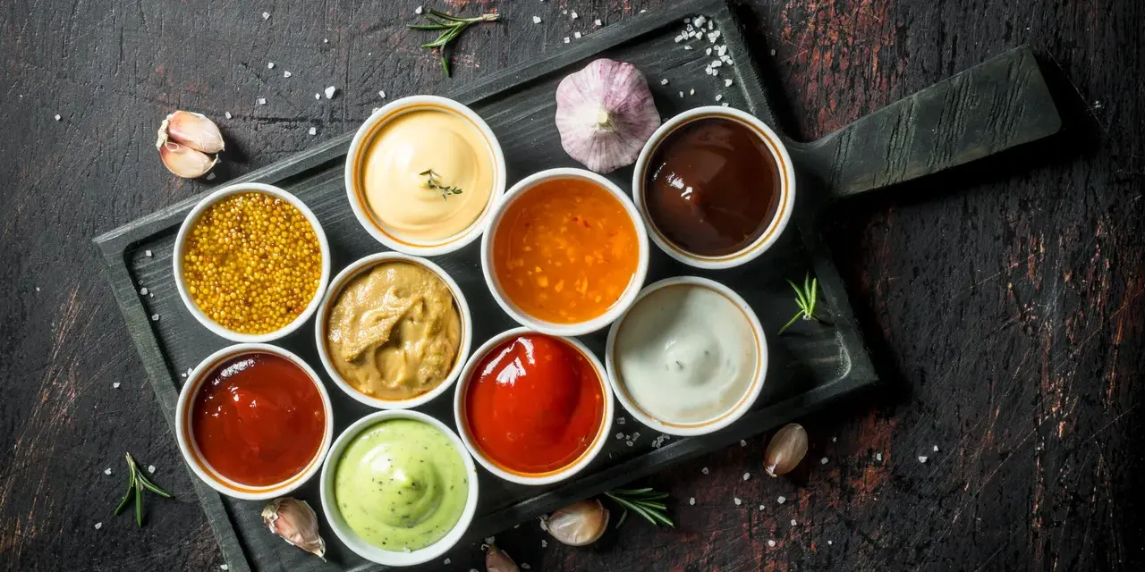 Różnorodne sosy, idealne do karkówki: musztarda, majonez, ketchup, sos barbecue i inne.