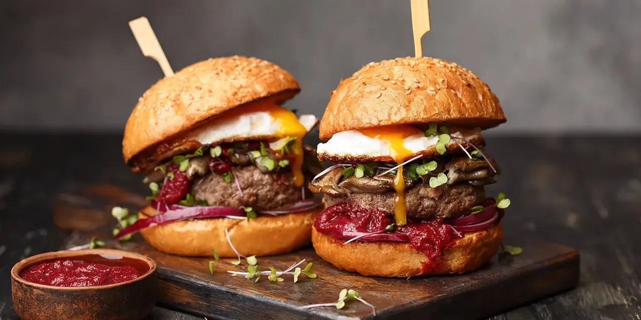 Dwa soczyste burgery z jajkiem sadzonym i grzybami. Idealny stopień wysmażenia burgera podkreśla smak. Obok miseczka sosu.