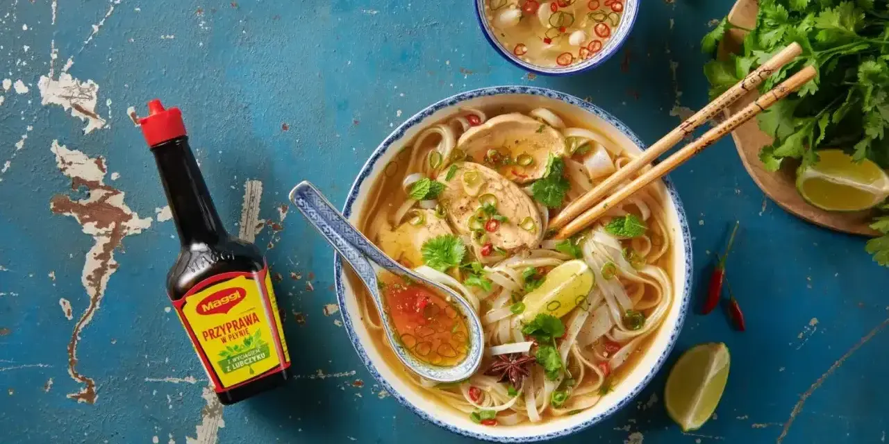 Aromatyczny makaron pho z kurczakiem, świeżą kolendrą, limonką i papryczkami chili. Obok butelka sosu Maggi.
