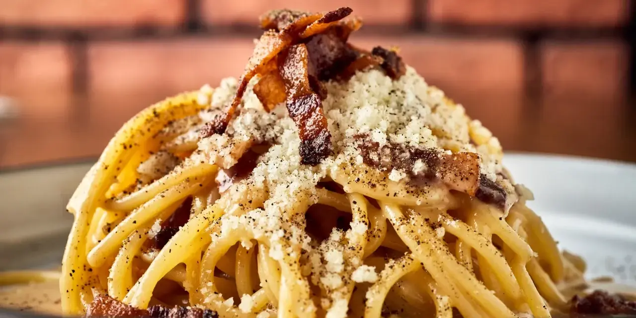 Pyszne włoskie dania z makaronem, jak Carbonara, z chrupiącym boczkiem i parmezanem.