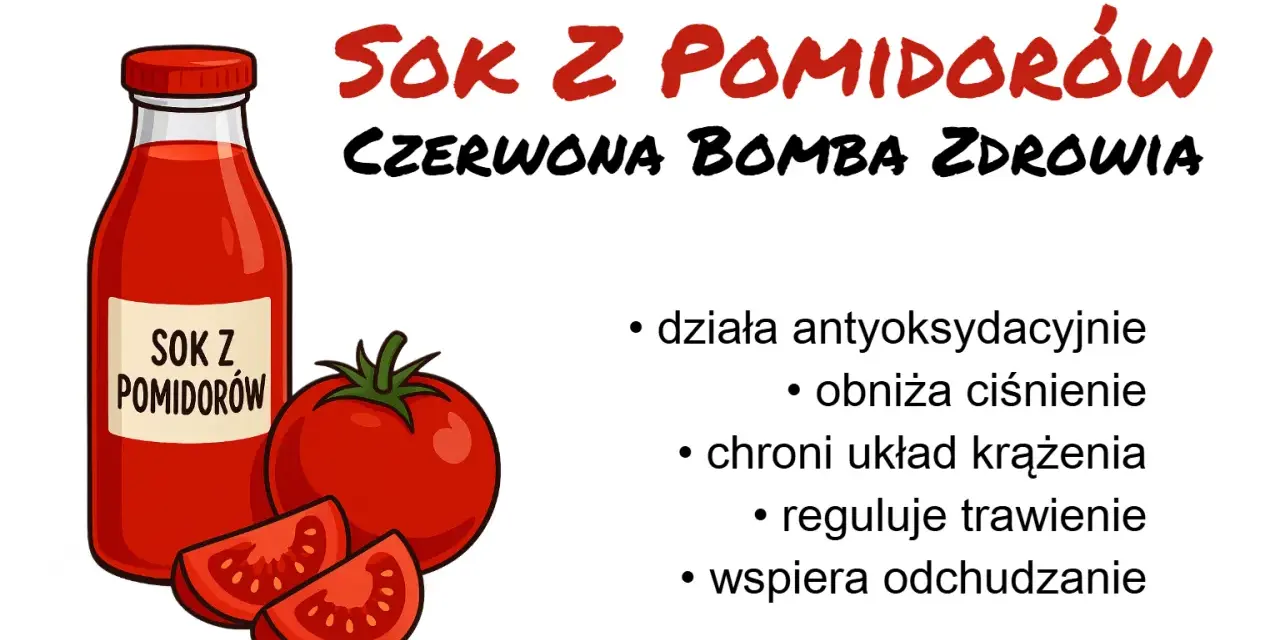Sok z pomidorów to czerwona bomba zdrowia. Działa antyoksydacyjnie, obniża ciśnienie, chroni krążenie, reguluje trawienie i wspiera odchudzanie.