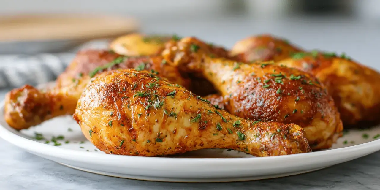 Chrupiące udka z airfryer, posypane ziołami, wyglądają apetycznie na białym talerzu.