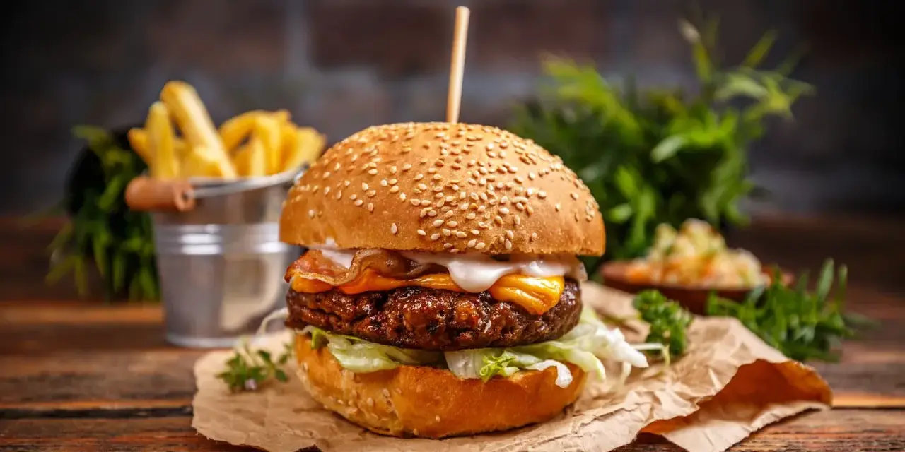 Pyszny burger z serem, bekonem i sałatą, idealny jako dodatek do frytek.
