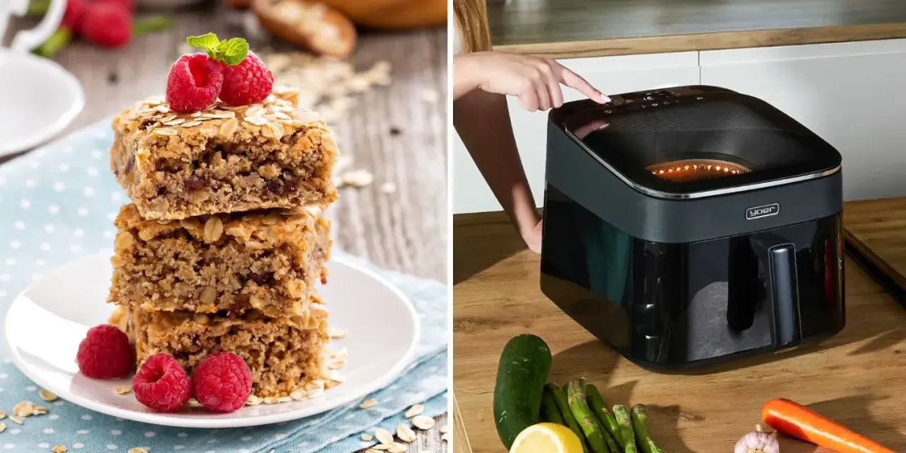 Pyszne ciastka owsiane z malinami i warzywa do przygotowania zdrowego śniadania z airfryer.