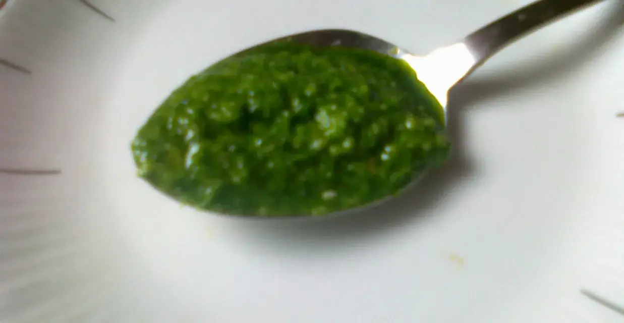 Łyżeczka pełna aromatycznego pesto z pietruszki, gotowa do podania.