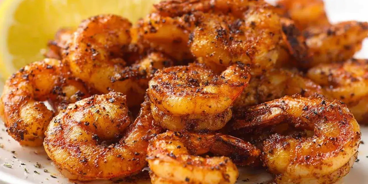 Pyszne krewetki z airfryer, przyprawione i lekko przypieczone, z plasterkiem cytryny w tle.