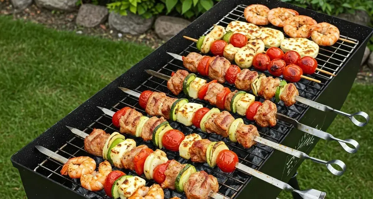 Na grillu pyszne szaszłyki z mięsa, warzyw i krewetek. Idealne co na grilla na letnie popołudnie.
