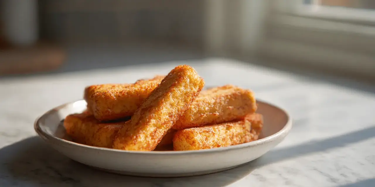 Złociste paluszki rybne z frytkownicy beztłuszczowej (airfryer) na talerzyku, kuszą chrupiącą panierką.