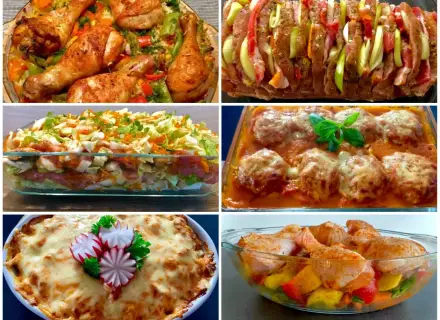 Sześć potraw, które stworzą efektowna kolacja dla znajomych: pieczony kurczak, zapiekanka warstwowa, faszerowana pieczeń, klopsiki w sosie, zapiekanka z serem i kurczak z warzywami.