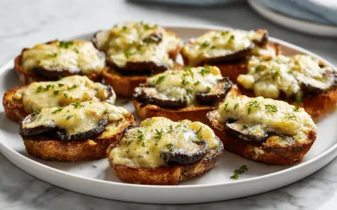 Chrupiące zapiekanki z airfryer z grzybami i ciągnącym serem, posypane ziołami. Idealna przekąska!