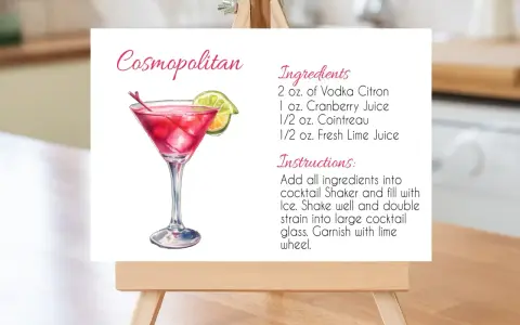 Przepis na drinka Cosmopolitan: ilustracja koktajlu z limonką i wiśnią, składniki i instrukcje.