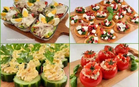 Tanie przekąski na imprezę: sałatki w pucharkach, kanapeczki z batatów, koreczki ogórkowe z pastą jajeczną i pomidorki faszerowane.