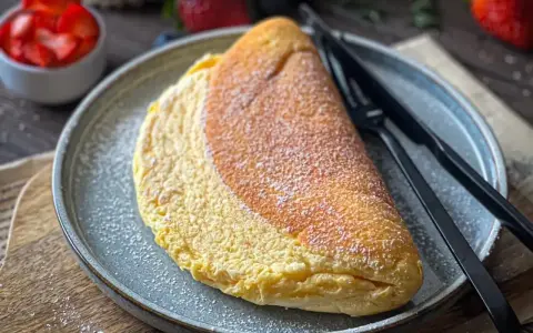 Puszysty omlet, lekko przyprószony cukrem pudrem, czeka na talerzu obok czarnych sztućców. W tle miseczka z truskawkami.