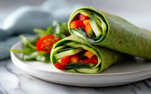 Zielona tortilla z airfryer wypełniona świeżymi warzywami: ogórkiem, papryką i pomidorkami. Pyszna i zdrowa przekąska.