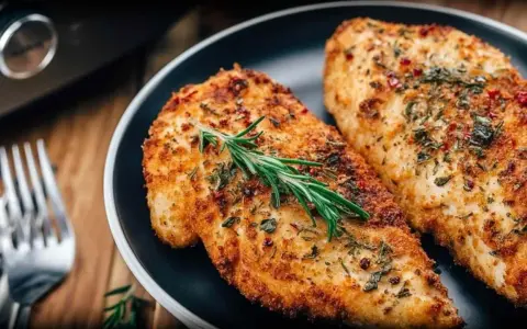Dwa soczyste filety z kurczaka z airfryer, przyprawione ziołami i podane z gałązką rozmarynu.