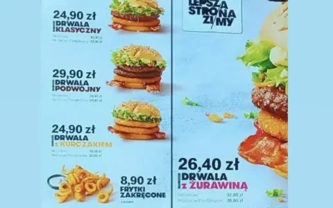 Menu z burgerami Drwala, w tym klasycznym, podwójnym i z kurczakiem. Zastanawiasz się nad mcchicken kcal?