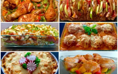 Sześć potraw, które stworzą efektowna kolacja dla znajomych: pieczony kurczak, zapiekanka warstwowa, faszerowana pieczeń, klopsiki w sosie, zapiekanka z serem i kurczak z warzywami.