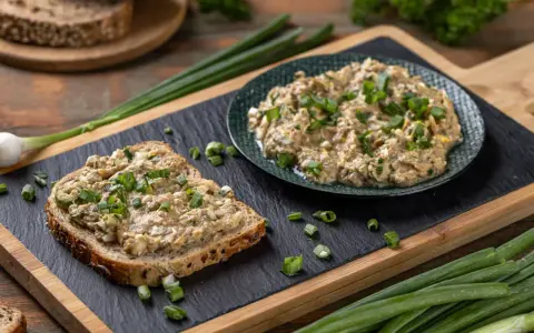 Pyszna pasta z tuńczykiem i jajkiem na ciemnym chlebie, posypana szczypiorkiem. Obok talerz z pastą i świeże warzywa.
