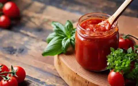 Słoik domowego sosu pomidorowego z bazylią i pomidorkami koktajlowymi. Idealny do pizzy, makaronu, a nawet jako dodatek do pieczonych mięs. Pyszny sos cebulowy w tle.