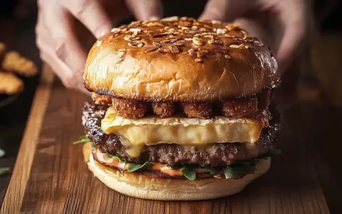 Pyszny cheeseburger z serem camembert i chrupiącymi dodatkami. Idealny, gdy zastanawiasz się, jak zrobić cheeseburgera z MC.