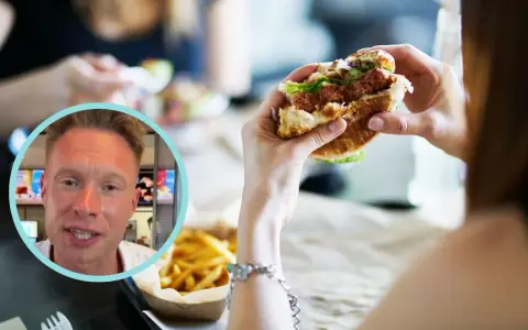Co jest w hamburgerze z McDonald's? Soczysty kotlet, sałata, cebula i sos w bułce. Obok frytki i mężczyzna w okręgu.
