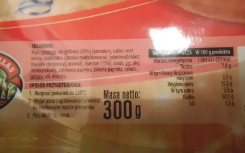 Calzone pizza 300g, 253 kcal w 100g. Składniki: mąka pszenna, sos grillowy, kurczak, ser.