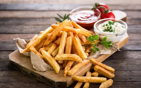 Złociste frytki na desce, idealne co do frytek na szybko. Obok ketchup i majonez.