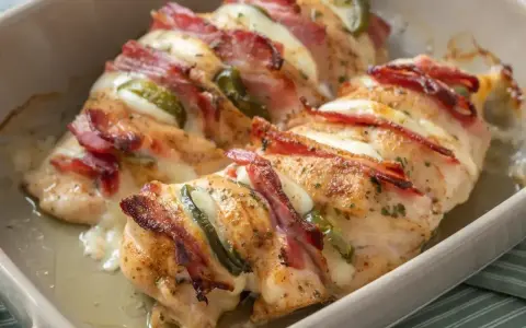 Szybki obiad z kurczakiem: pieczone piersi kurczaka faszerowane serem i papryczkami jalapeño, owinięte boczkiem.