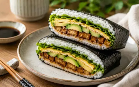 Pyszny onigirazu z tofu, awokado i jajkiem, zawinięty w nori. Idealny lunch!