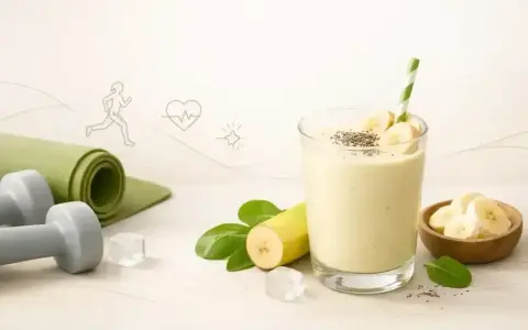 Pyszny koktajl bananowy z nasionami chia, idealny po treningu. Obok leżą hantle i mata do ćwiczeń.