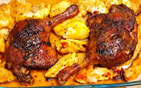 Pyszne, pieczone udka z kaczki z chrupiącymi ziemniakami, skąpane w aromatycznym sosie.