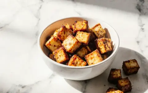Chrupiące kostki tofu z airfryera w miseczce, idealne do sałatki lub jako przekąska.